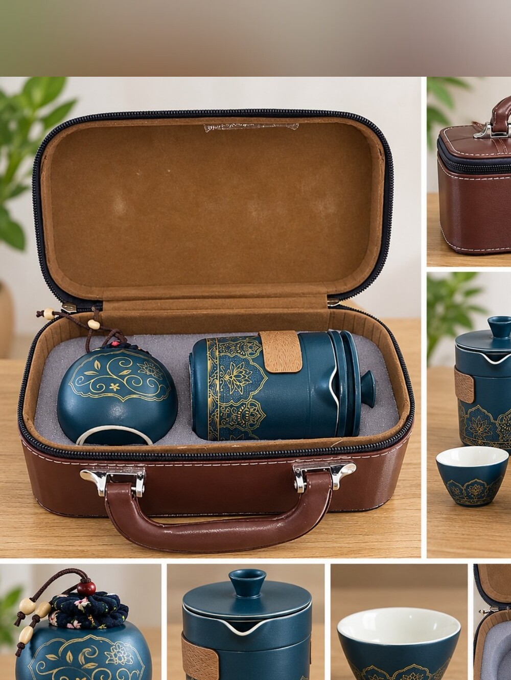 Teal Ceramic Tea Set with Gold Motif - Travel Case